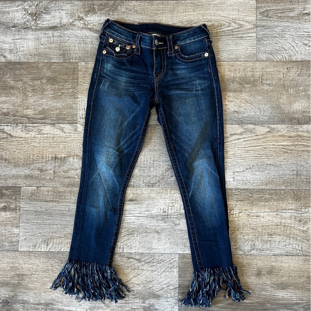 True Religion Cropped Super Skinny Jean with Frayed Hem in Dark Wash